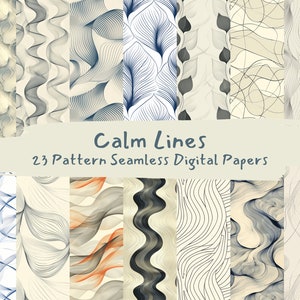 May include: A set of 23 digital paper patterns featuring abstract line designs in various shades of gray, blue, and beige. The patterns are seamless and can be used for a variety of creative projects.