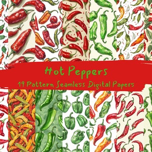May include: A set of 19 digital paper patterns featuring watercolor illustrations of red, green, and yellow chili peppers. The patterns are seamless and can be used for a variety of creative projects.