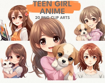 Teen Girl Anime digital printable clipart bundle in PNG format transparent background instant download for commercial use