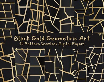 Black Gold Geometric Art Pattern Seamless Digital Papers - printable scrapbook paper png instant download commercial use 300dpi