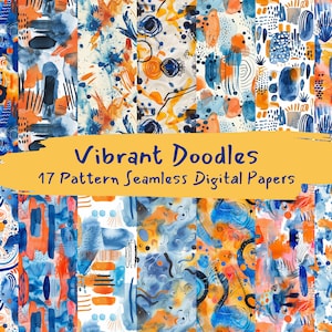 Vibrant Doodles Pattern Seamless Digital Papers - printable scrapbook paper instant download for commercial use, 300dpi