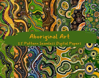 May include: A set of 25 digital papers featuring Aboriginal art patterns. The patterns are colorful and abstract, with a variety of shapes and colors, including green, yellow, orange, black, and white.