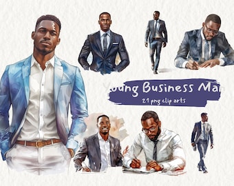 Paquete de imágenes prediseñadas imprimibles digitales de Young Business Man en formato PNG fondo transparente descarga instantánea para uso comercial