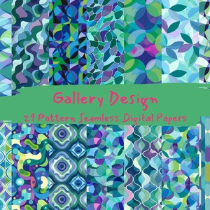 May include: A collection of 29 digital paper patterns featuring abstract geometric designs in shades of blue, green, and purple. The patterns are seamless and can be used for a variety of creative projects.