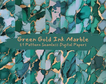 Op de afbeelding: 21 digitale papierpatronen met abstracte marmerontwerpen in groen en goud. De patronen zijn naadloos en kunnen voor verschillende projecten worden gebruikt.
