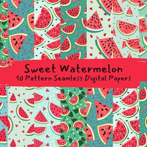 Può includere: Dieci design di carta digitale con un motivo ripetitivo di fette di anguria su uno sfondo blu chiaro con pois bianchi. Il testo "Sweet Watermelon 10 Pattern Seamless Digital Papers" è scritto in rosso su uno sfondo bianco.