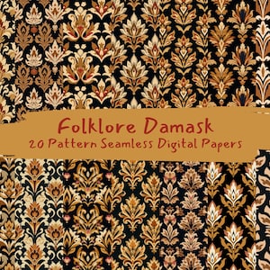 May include: A set of 20 digital papers featuring a folklore damask pattern in shades of gold, brown, and cream on a black background. The papers are seamless and can be used for a variety of crafting projects.