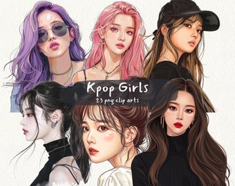 Paquete de imágenes prediseñadas digitales imprimibles de Kpop Girls en formato PNG, fondo transparente, descarga instantánea para uso comercial.