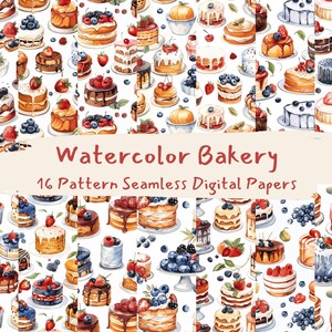 May include: A digital paper pack with 16 watercolor patterns featuring various cakes, cupcakes, and pastries decorated with berries and frosting. The patterns are seamless and can be used for scrapbooking, card making, and other craft projects. "Watercolor Bakery" and "16 Pattern Seamless Digital Papers" are written in the image.