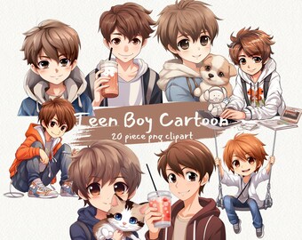 May include: A set of 20 cartoon illustrations of teen boys in various poses and outfits. The boys are depicted with different hairstyles, clothing, and accessories, including a cat, a dog, and a cup of coffee. The illustrations are in a bright and colorful style, perfect for use in digital projects or printed materials.