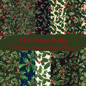 Christmas Holly Pattern Seamless Digital Papers - printable scrapbook paper png instant download commercial use 300dpi