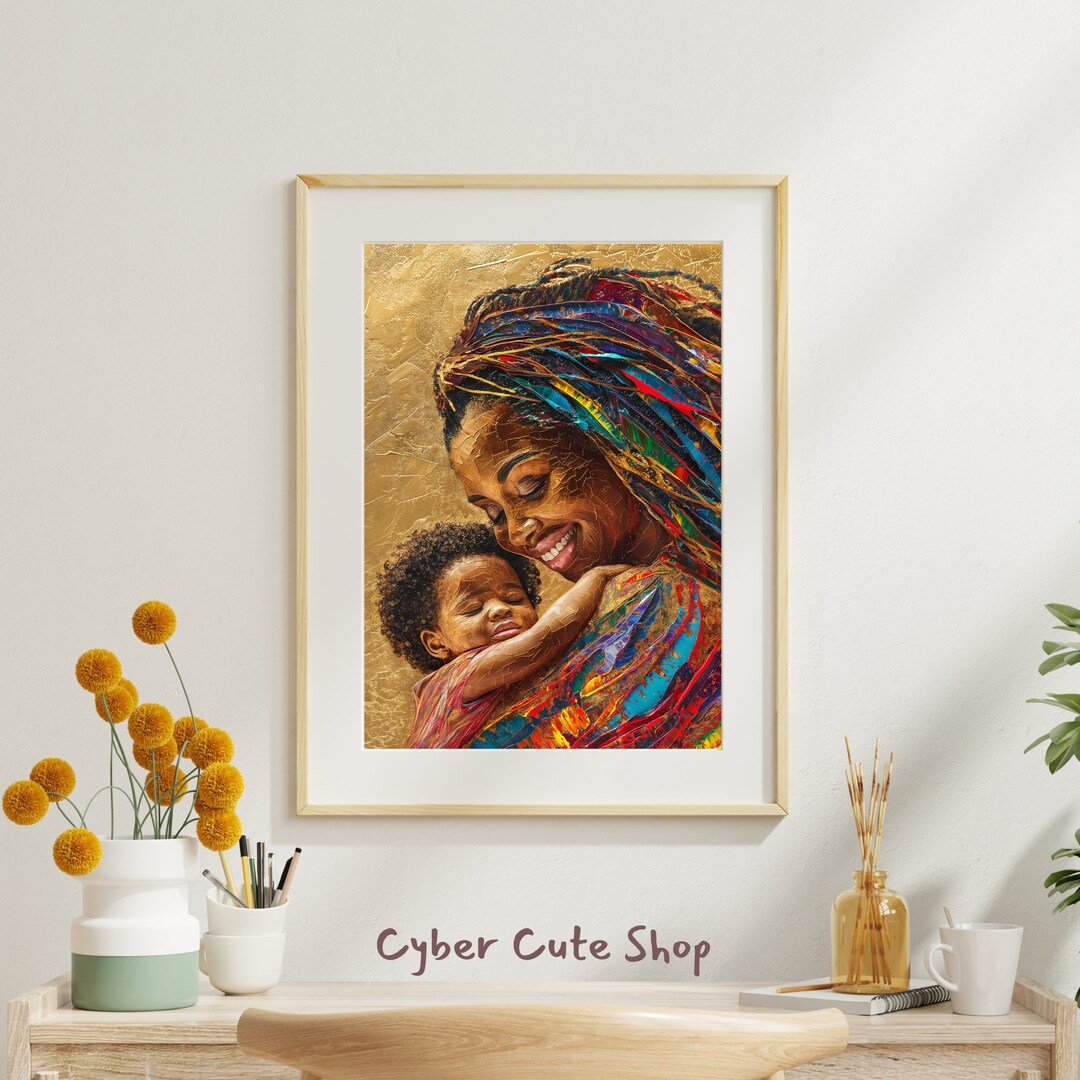Joyful Motherhood Art - Vibrant African Mother and Child, Digital Wall ...
