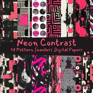 Puede incluir: Un conjunto de 14 papeles digitales con patrones sin costuras en negro, blanco y rosa. Los patrones incluyen formas geométricas, diseños abstractos y lunares. El texto "Neon Contrast 14 Pattern Seamless Digital Papers" se muestra en la parte inferior de la imagen.