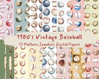 1980's Vintage Baseball Pattern Seamless Digital Papers - printable scrapbook paper instant download, commercial use, 300dpi