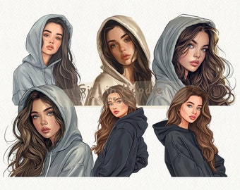 Girl in Hoodie digital printable clipart bundle in PNG format transparent background instant download for commercial use
