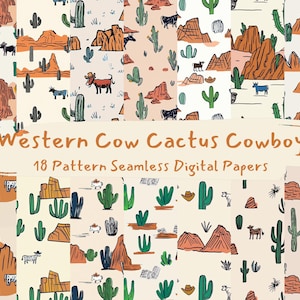 Western Cow Cactus Cowboy Pattern Seamless Digital Papers - printable scrapbook paper png instant download commercial use 300dpi