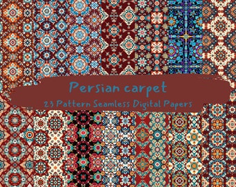 Könnte beinhalten: Ein Set mit 23 digitalen Papieren mit nahtlosen Mustern, inspiriert von persischen Teppichen. Die Muster sind filigran und farbenfroh, mit einer Vielzahl geometrischer Formen und Designs. Die Papiere sind perfekt, um einzigartige und auffällige Projekte zu erstellen.