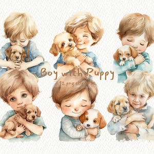Boy with Puppy digital printable clip art graphics in PNG format transparent instant download for commercial use