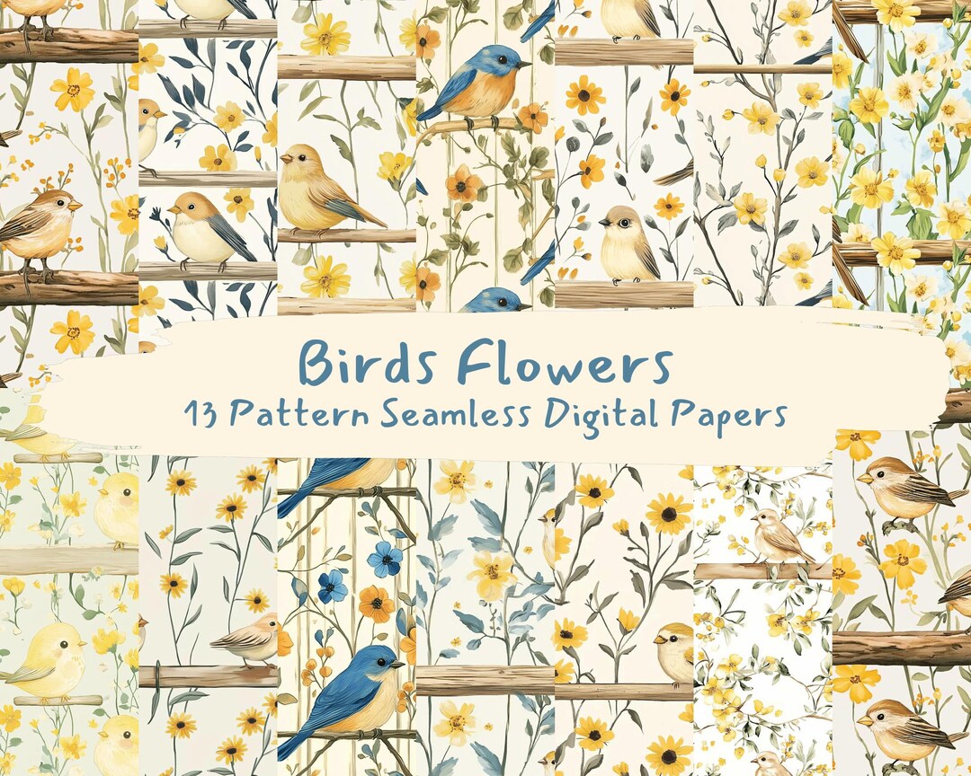 Birds Flowers Pattern Seamless Digital Papers - Printable Scrapbook ...