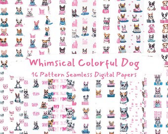 Whimsical Colorful Dog Pattern Seamless Digital Papers - printable scrapbook paper png instant download commercial use 300dpi