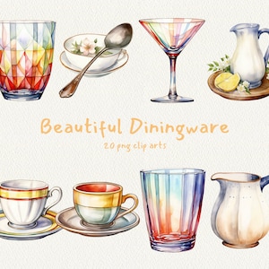 Puede incluir: Un conjunto de ilustraciones de acuarela de vajilla colorida, que incluye vasos, tazas, platillos y jarras. Las ilustraciones son de estilo vintage y presentan una variedad de patrones y diseños.