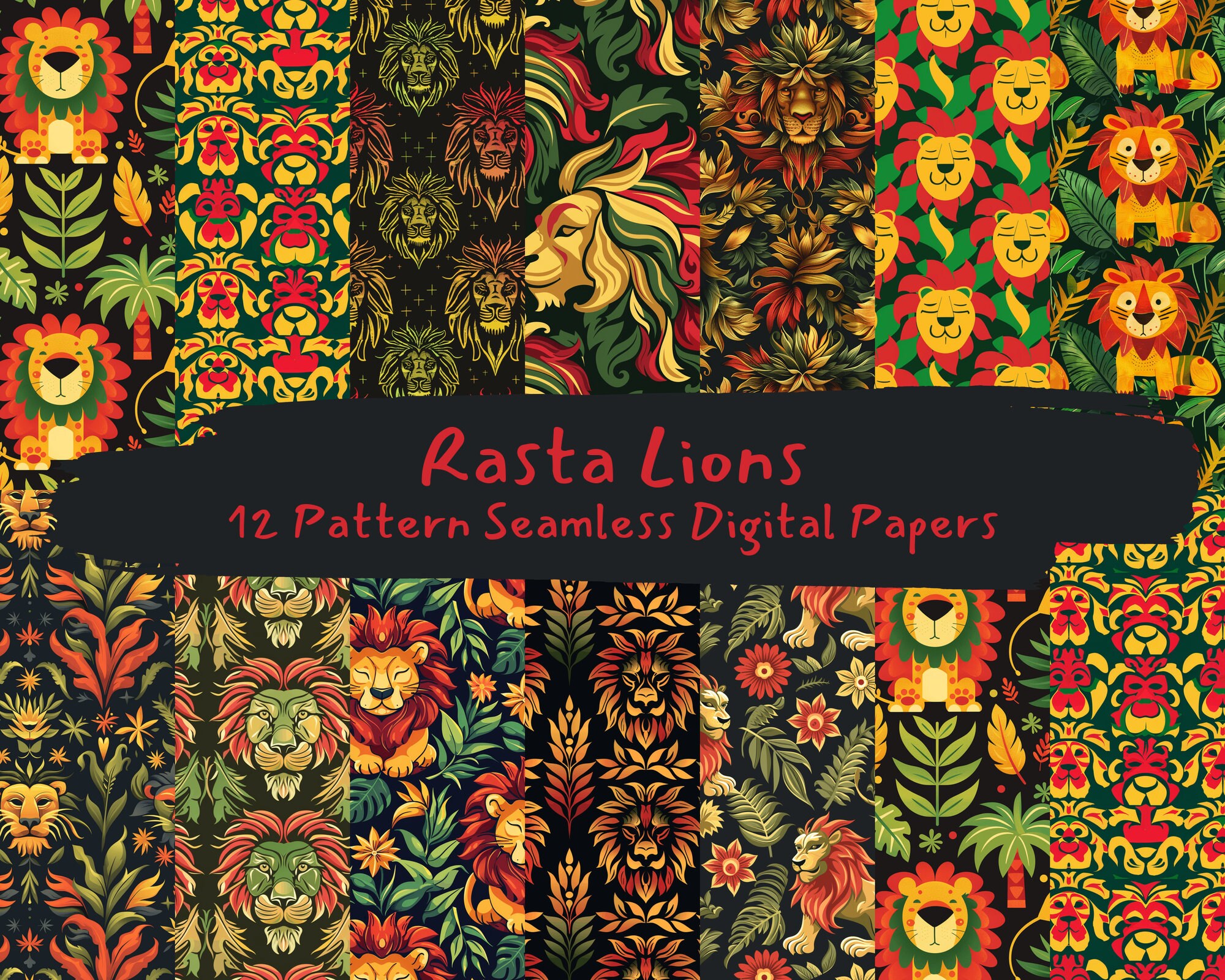 Rasta Lions Pattern Seamless Digital Papers - Printable Scrapbook Paper ...