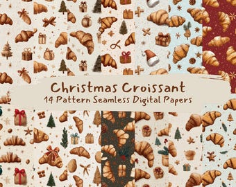 May include: A collection of 14 seamless digital papers with a Christmas theme. The patterns feature croissants, gift boxes, Christmas trees, and festive accents in shades of brown, red, and green. The text "Christmas Croissant" is displayed.