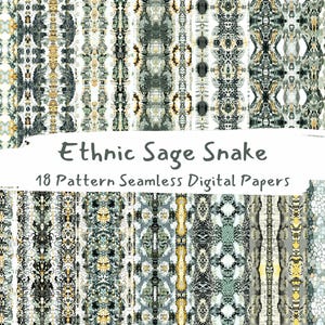 Puede incluir: 18 papeles digitales sin costuras con patrones en tonos de verde, gris y blanco. Los patrones están inspirados en las escamas de serpiente y tienen un estilo étnico. El texto "Ethnic Sage Snake" y "18 Pattern Seamless Digital Papers" está incluido en la imagen.
