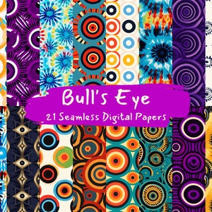 May include: A set of 21 digital papers featuring colorful, geometric patterns with a bull's eye theme. The patterns include circles, spirals, and tie-dye designs in various colors, including blue, red, yellow, orange, purple, and white.