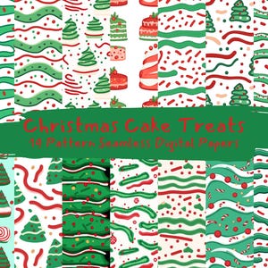 Könnte beinhalten: Eine Sammlung von 19 nahtlosen digitalen Papieren mit Weihnachtsmustern. Designs umfassen grüne Weihnachtsbäume, rote und grüne Wellenlinien und Kuchenstücke auf weißem Hintergrund. Der Text "Christmas Cake Treats" wird in Rot auf einem grünen Banner angezeigt.