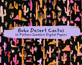 May include: A digital paper pack containing 32 seamless patterns with a boho desert cactus theme. The patterns are in a variety of colours, including pink, orange, yellow, and green. The patterns are ideal for creating digital and printed projects, such as invitations, cards, and scrapbook pages.