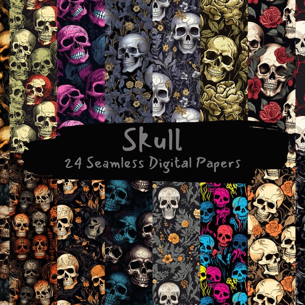 Skull Pattern Digital Papers - Seamless Scrapbook Printable Designs, High Res 300dpi, Instant Download, Commercial Use, 24 Unique Patterns