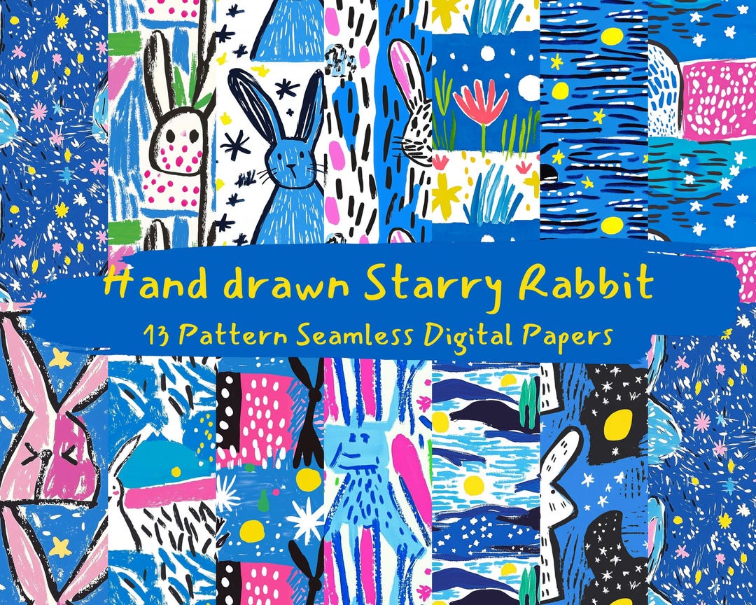 A Starry Rabbit Hand Drawn Starry Rabbit Pattern Seamless Digital Papers - Printable ...