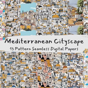 Mediterranean Cityscape Pattern Seamless Digital Papers - printable scrapbook paper png instant download commercial use 300dpi