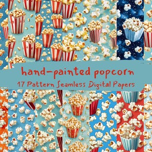 May include: A digital paper pack with 17 seamless patterns featuring hand-painted popcorn in various colors and styles. The patterns are perfect for creating fun and festive projects.
