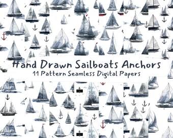 Hand Drawn Sailboats Anchors Pattern Seamless Digital Papers - printable scrapbook paper png instant download commercial use 300dpi