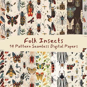 Puede incluir: Un conjunto de 14 patrones de papel digital con insectos coloridos de estilo folclórico. Los patrones incluyen mariposas, escarabajos, polillas y otros insectos en una variedad de colores y diseños. El texto "Folk Insects 14 Pattern Seamless Digital Papers" se muestra en la parte inferior de la imagen.