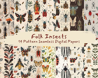 May include: A set of 14 digital paper patterns featuring colorful folk art style insects. The patterns include butterflies, beetles, moths, and other insects in a variety of colors and designs. The text "Folk Insects 14 Pattern Seamless Digital Papers" is displayed at the bottom of the image.
