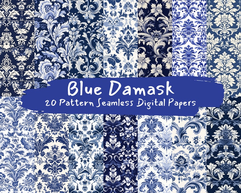 Blue Damask Pattern Seamless Digital Papers Tile Patterns Printable