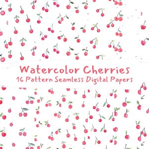Watercolor Cherries Pattern Seamless Digital Papers - printable scrapbook paper png instant download commercial use 300dpi
