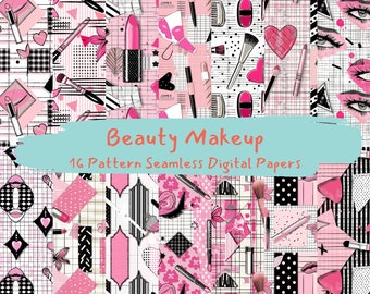Beauty Makeup Pattern Seamless Digital Papers - printable scrapbook paper instant download, commercial use, 300dpi