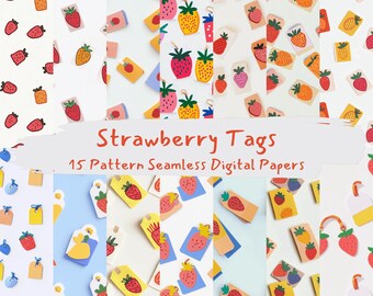 Strawberry Tags Pattern Seamless Digital Papers - printable scrapbook paper png instant download commercial use 300dpi