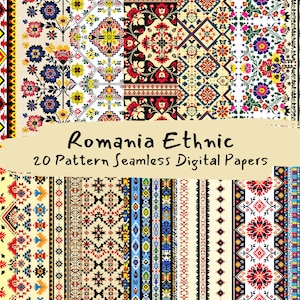 Könnte beinhalten: Eine Sammlung von 20 digitalen Papiermustern mit bunten rumänischen ethnischen Designs. Die Muster umfassen geometrische Formen, florale Motive und traditionelle Stickereistile.