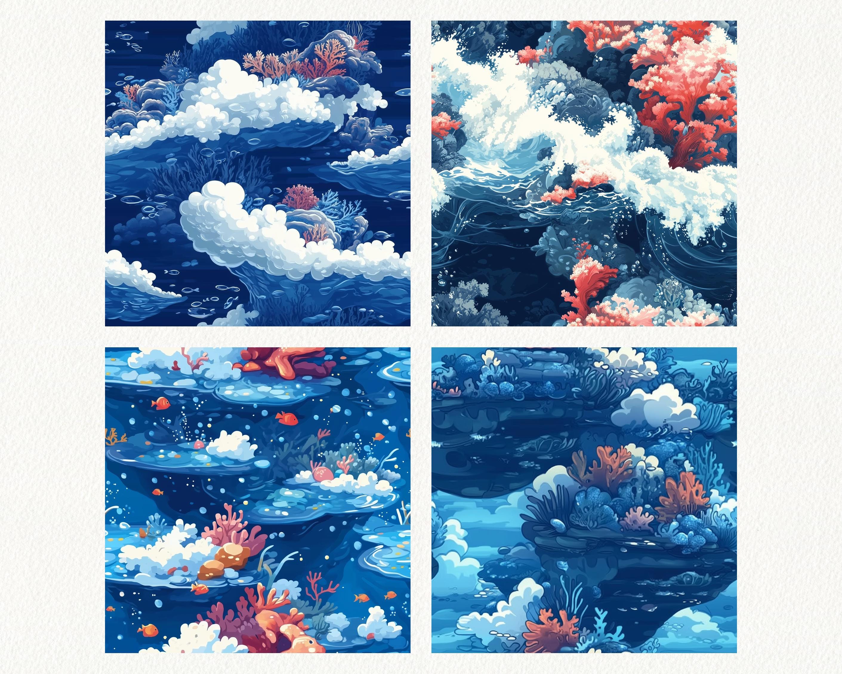 Anime Ocean Pattern Seamless Digital Papers - Printable Scrapbook Paper ...