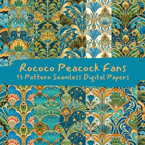 May include: A digital paper pack with 13 seamless patterns featuring a Rococo style peacock fan design in shades of blue, green, gold, and white.