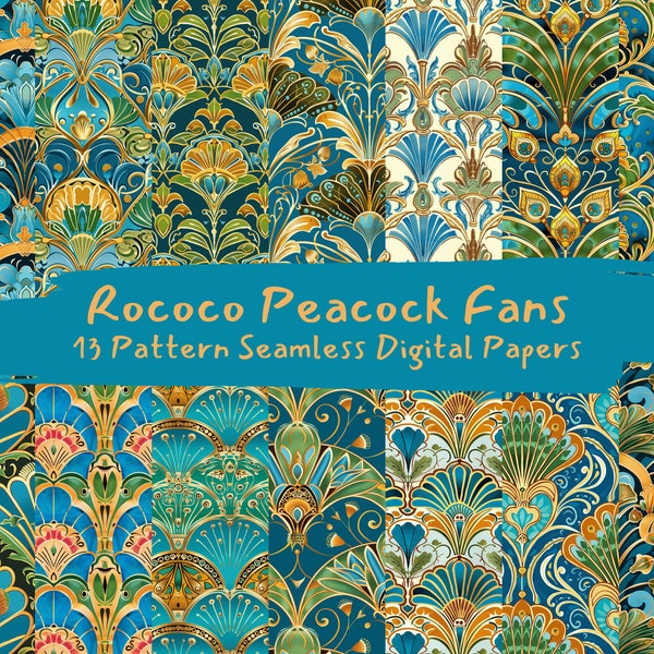 Rococo Peacock Fans Pattern Seamless Digital Papers - printable scrapbook paper instant download, commercial use, 300dpi