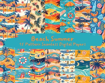 Beach Summer Pattern Seamless Digital Papers - printable scrapbook paper png instant download commercial use 300dpi