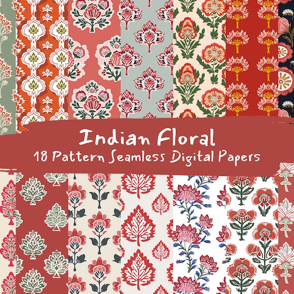 Papiers numériques sans couture à motif floral indien - téléchargement immédiat de papier de scrapbooking imprimable, usage commercial, 300 dpi