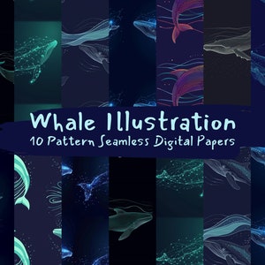 以下が含まれることがあります： 青、緑、紫の色合いで抽象的なクジラのイラストが描かれたデジタルペーパーパターン10点セット。クジラのデザインは、つながった点と線で構成されており、星座のような効果を生み出しています。
