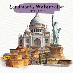 Worldwide Landmarks Watercolor printable clipart, png format, transparent background, instant download, commercial use, 300dpi, journal book